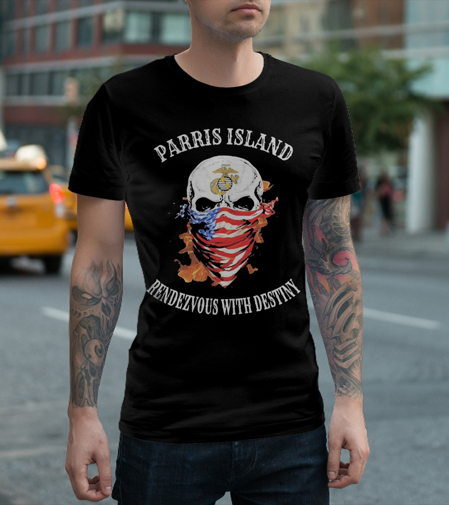Parris Island Skull Mask Rendezvous With Destiny American Flag Flames T-Shirt