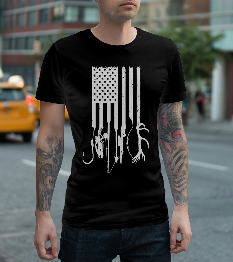 American Flag with Fishing Hooks and Hunting Gear T-Shirt