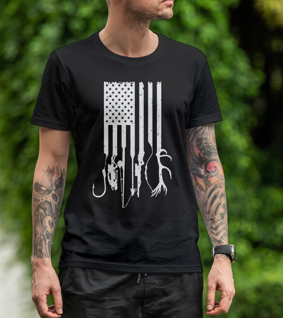 American Flag With Fishing Hooks And Hunting Gear T-Shirt