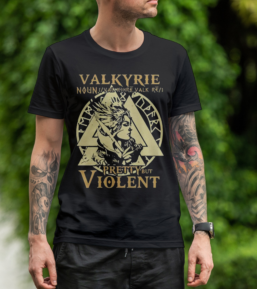 VALKYRIE NOUN PRETTY BUT VIOLENT WITH NORSE RUNES BACKGROUND T-Shirt