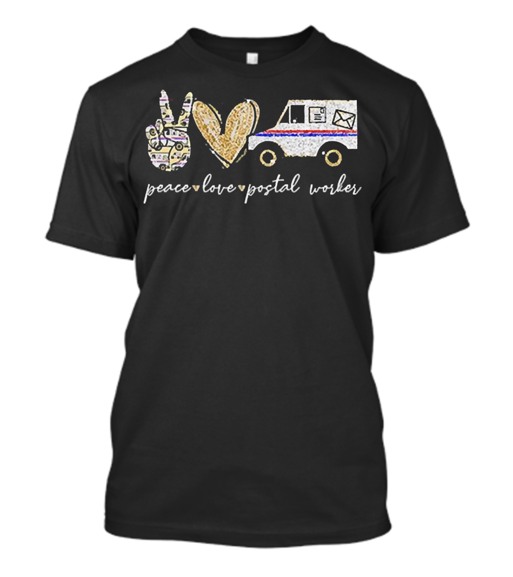 Peace Love Postal Worker Glitter Design With Peace Sign Heart And Mail Truck T-Shirt