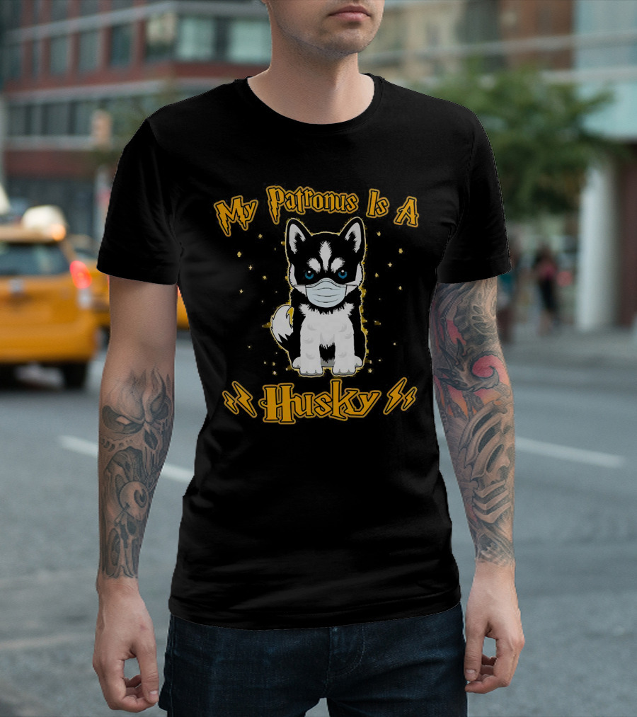 My Patronus Is A Husky Puppy Wearing Face Mask With Stars and Lightning T-Shirt