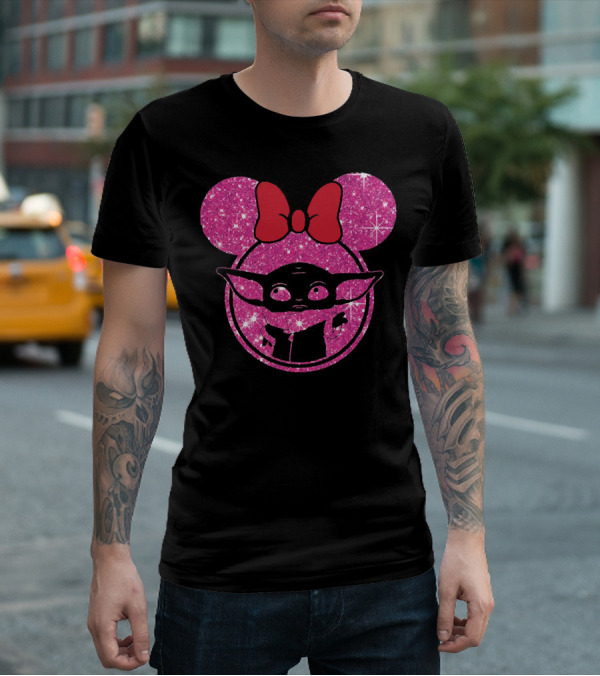 Baby Yoda Glitter Minnie Mouse Ears Red Bow T-Shirt