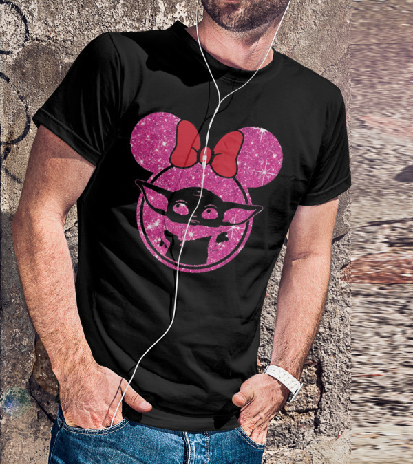 Baby Yoda Glitter Minnie Mouse Ears Red Bow T-Shirt