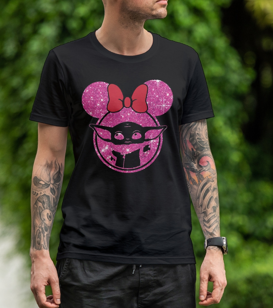 Baby Yoda Glitter Minnie Mouse Ears Red Bow T-Shirt