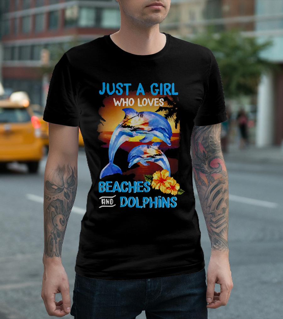 Just a Girl Who Loves Beaches and Dolphins Tropical Sunset with Dolphins and Hibiscus Flower T-Shirt