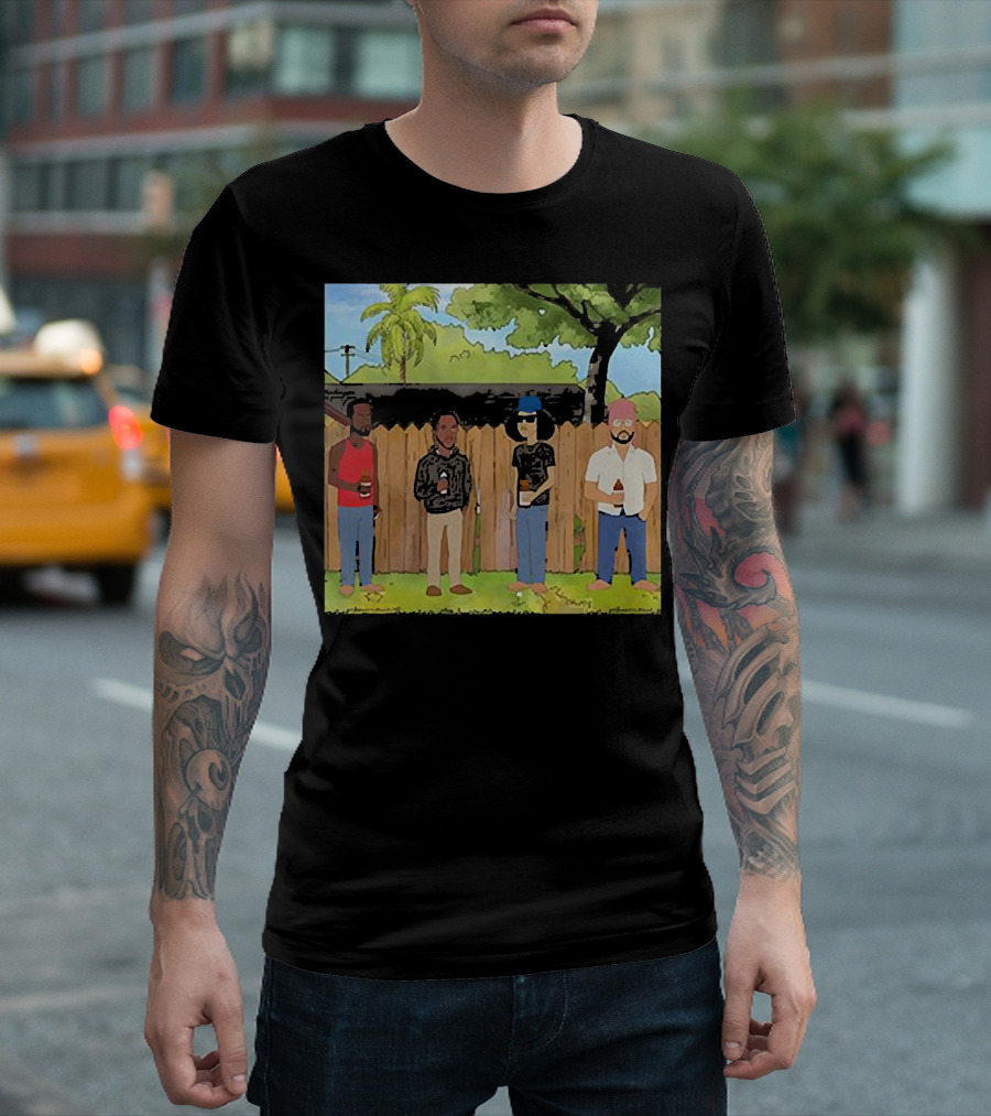 King of The Hill Treatment with Four Men by Fence with Beverages and Trees T-Shirt