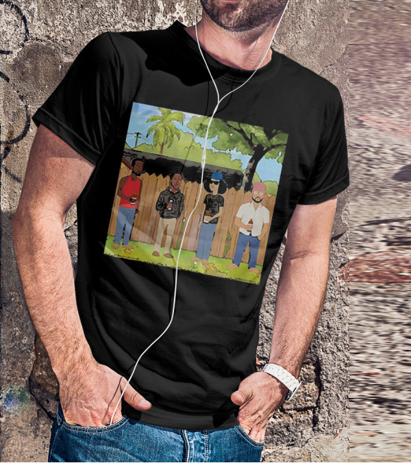 King Of The Hill Treatment With Four Men By Fence With Beverages And Trees T-Shirt