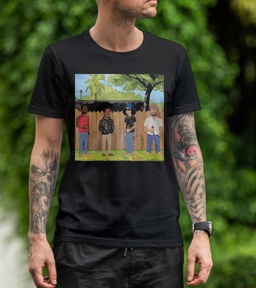 King Of The Hill Treatment With Four Men By Fence With Beverages And Trees T-Shirt