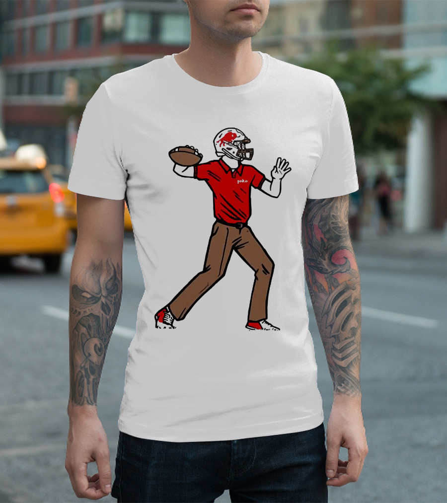 Jake From Buffalo Football Player Throwing Pass Brown Pants Red Shirt Helmet T-Shirt