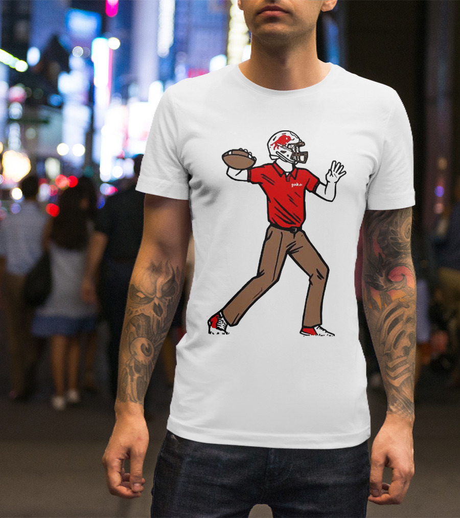 Jake From Buffalo Football Player Throwing Pass Brown Pants Red Shirt Helmet T-Shirt