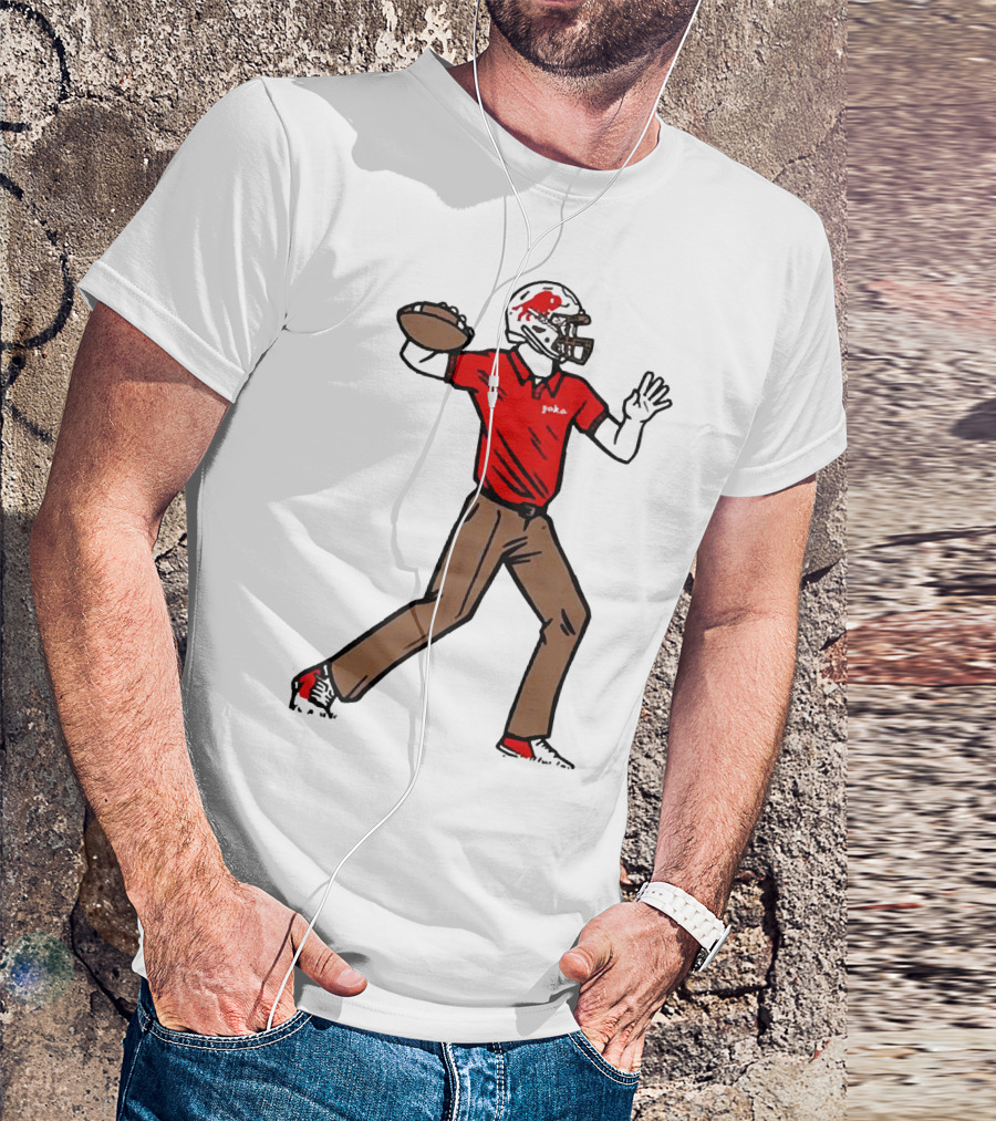 Jake From Buffalo Football Player Throwing Pass Brown Pants Red Shirt Helmet T-Shirt
