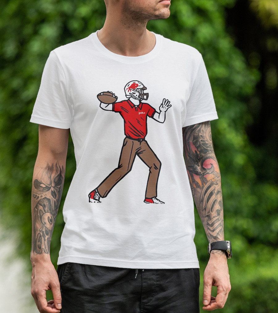 Jake From Buffalo Football Player Throwing Pass Brown Pants Red Shirt Helmet T-Shirt