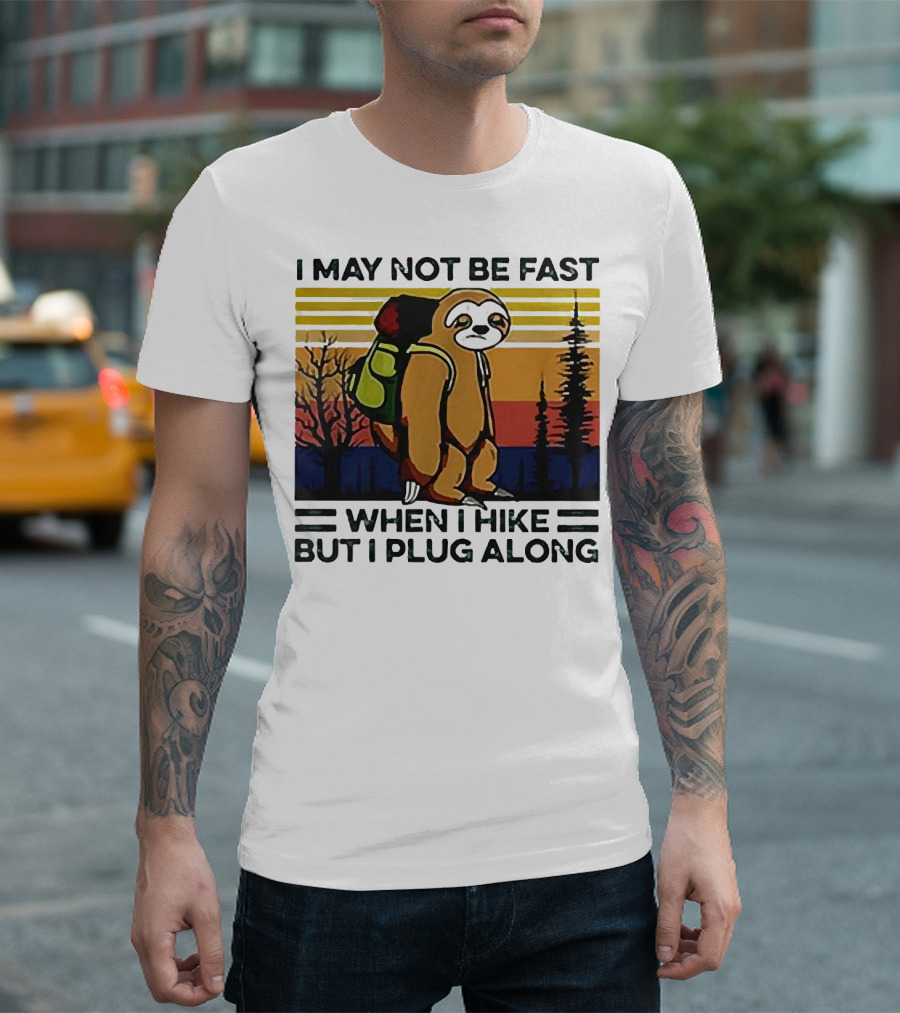 I May Not Be Fast When I Hike But I Plug Along Sloth Retro Forest Scene T-Shirt