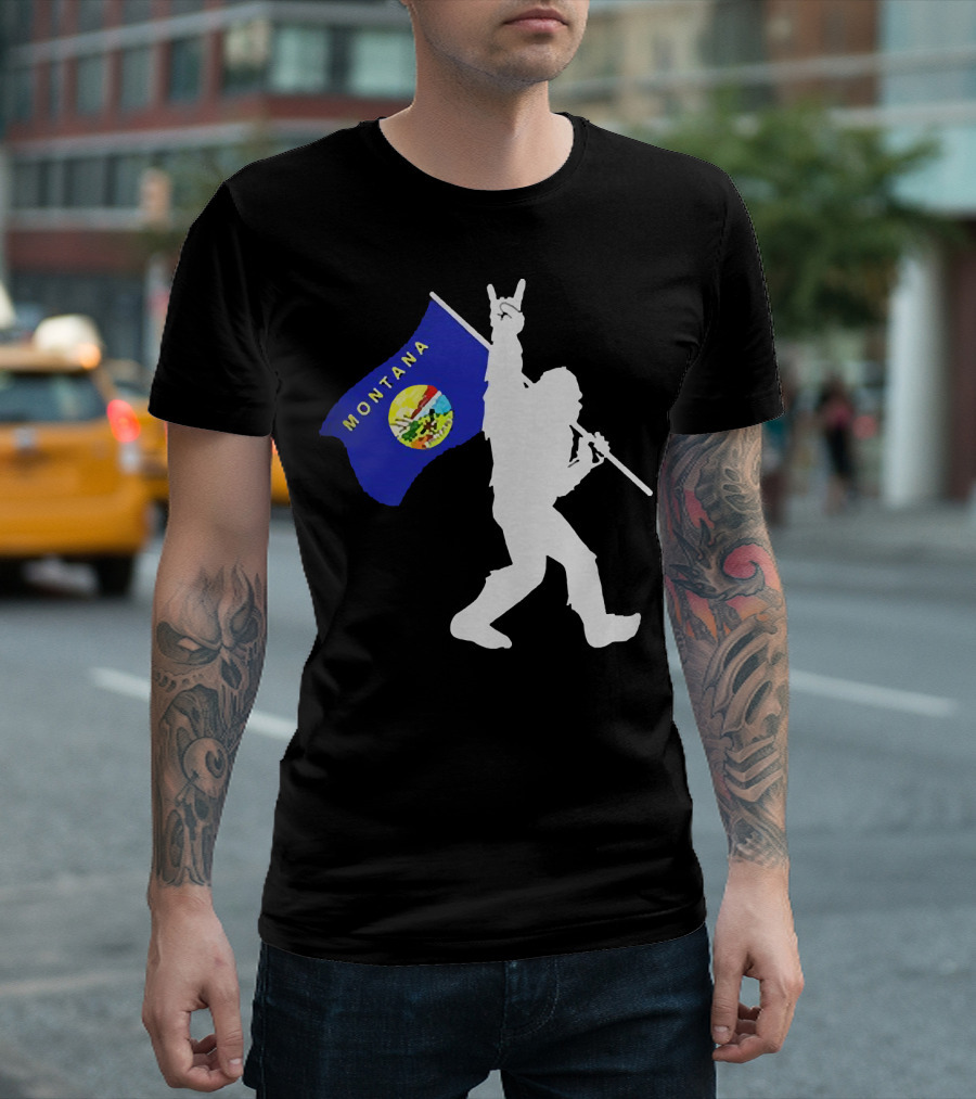 Bigfoot Holding Montana State Flag Middle Finger Gesture T-Shirt
