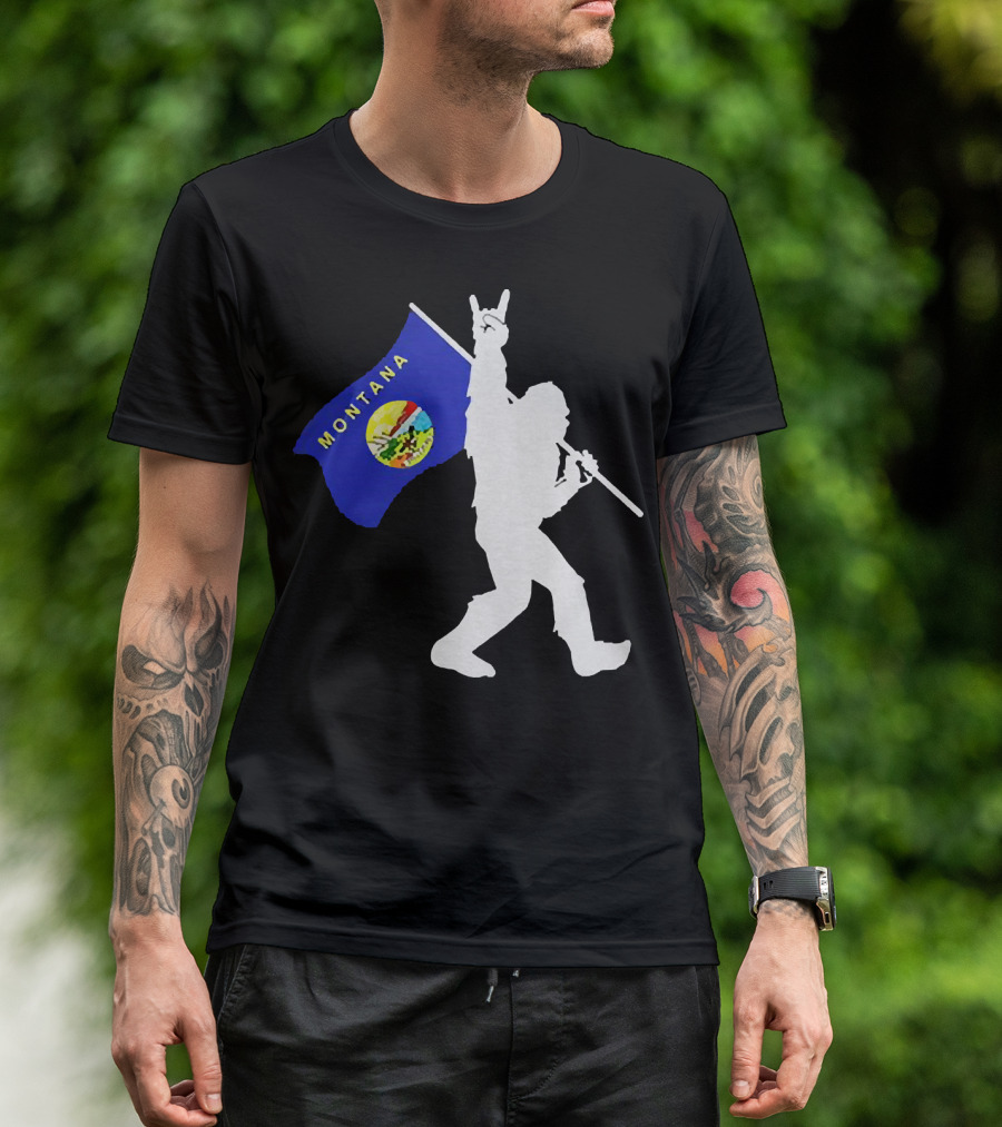 Bigfoot Holding Montana State Flag Middle Finger Gesture T-Shirt
