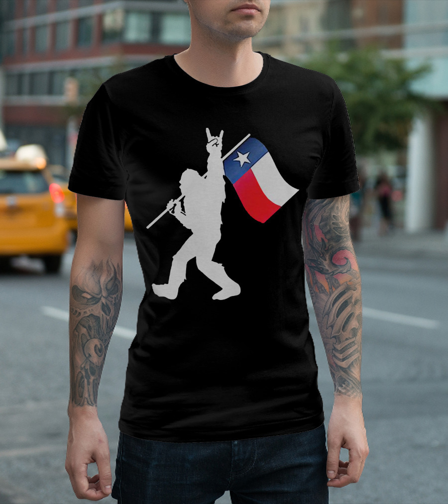 Bigfoot Holding Texas Flag Rock and Roll Salute T-Shirt