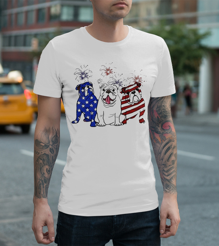 American Bulldog Stars And Stripes With Fireworks Merica T-Shirt