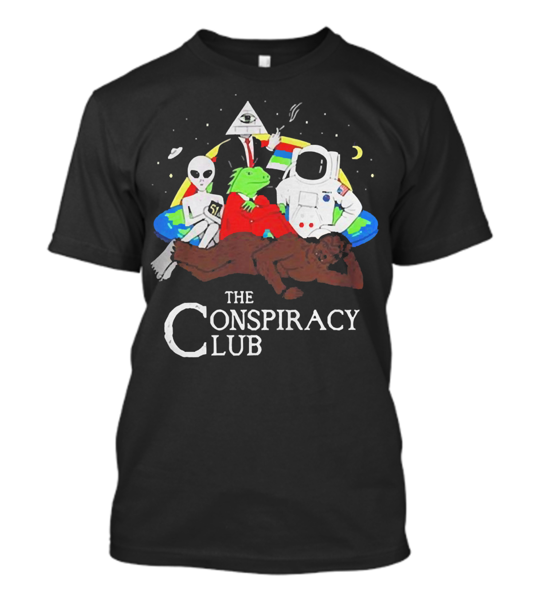 The Conspiracy Club Alien Bigfoot Astronaut Illuminati Reptilian T-Shirt