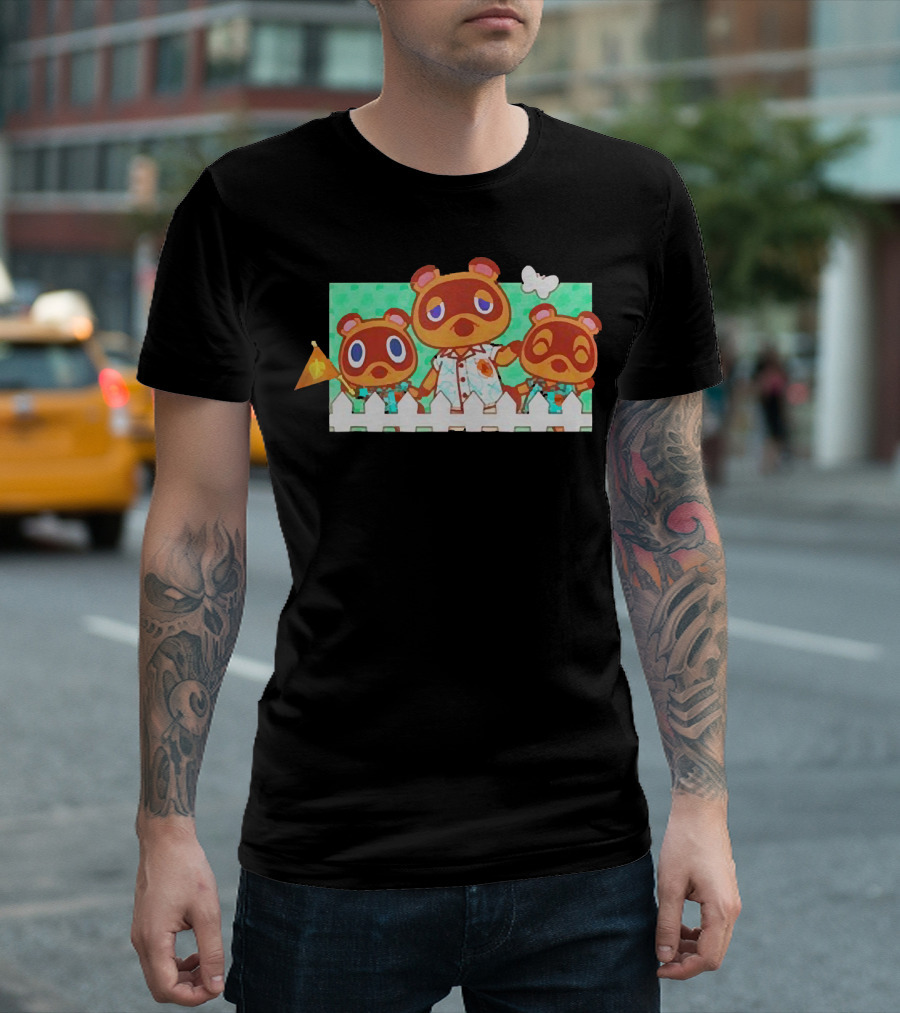 Animal Crossing New Horizons Nook Family Characters Behind Fence T-Shirt