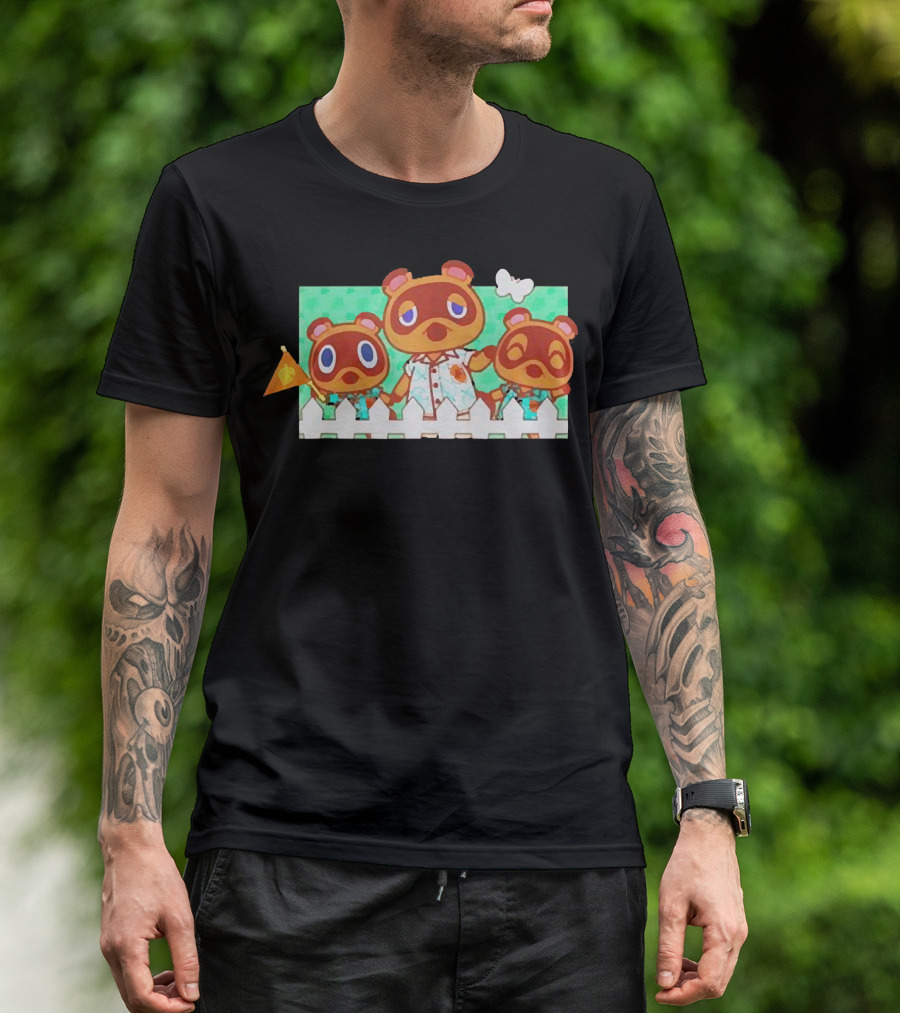 Animal Crossing New Horizons Nook Family Characters Behind Fence T-Shirt