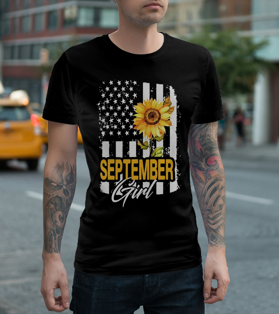 September Girl Sunflowers with American Flag T-Shirt