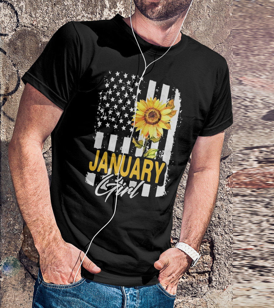 Sunflowers January Girl American Flag T-Shirt