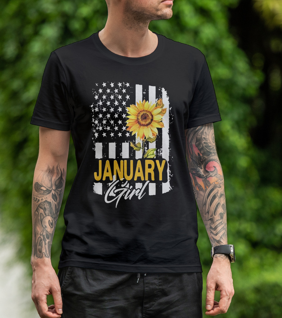 Sunflowers January Girl American Flag T-Shirt