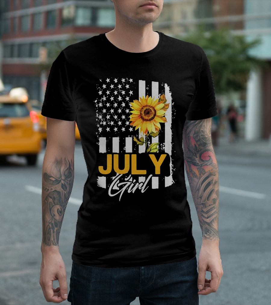 July Girl Sunflower American Flag T-Shirt