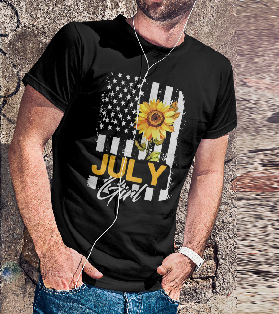 July Girl Sunflower American Flag T-Shirt