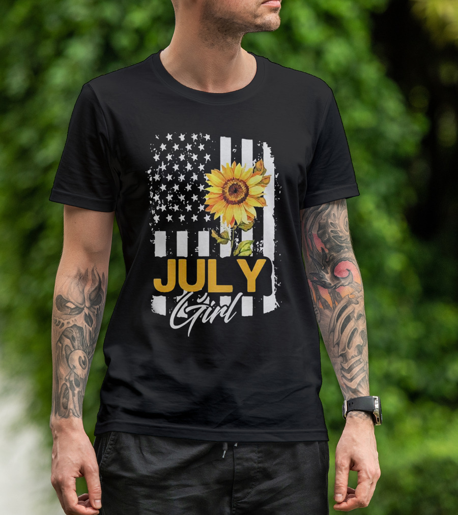 July Girl Sunflower American Flag T-Shirt