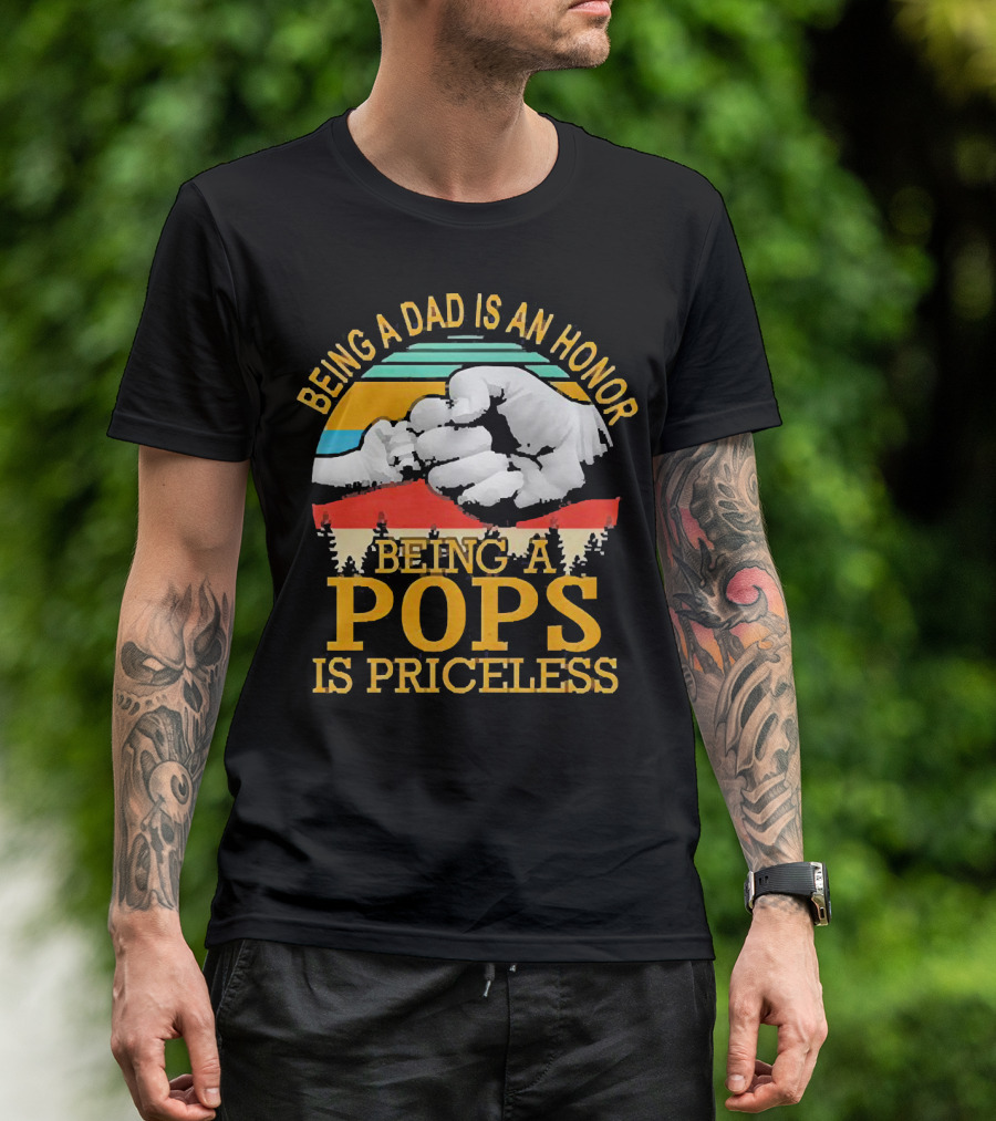Being A Dad Is An Honor Being A Pops Is Priceless Forest Fist Bump Retro Stripes T-Shirt