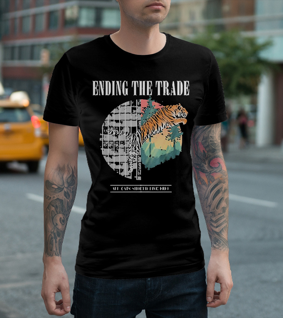 Ending the Trade All Cats Should Live Free Tiger Leaping from Bars T-Shirt