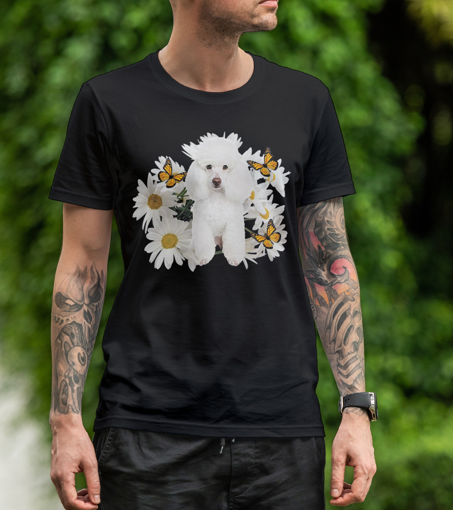French Poodle Daisy With Butterflies And Flowers T-Shirt