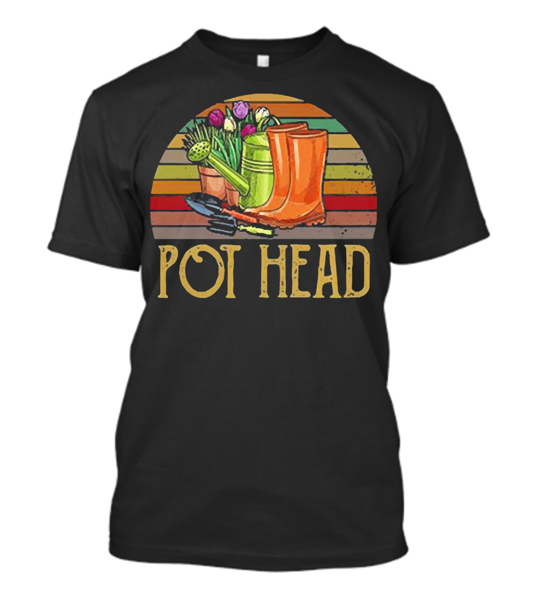 Pot Head Gardening Boots Watering Can Flowers Sunset Stripes T-Shirt