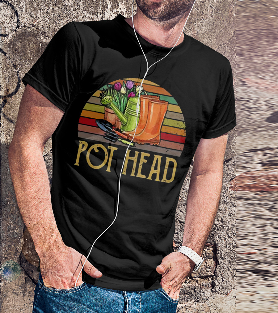 Pot Head Gardening Boots Watering Can Flowers Sunset Stripes T-Shirt