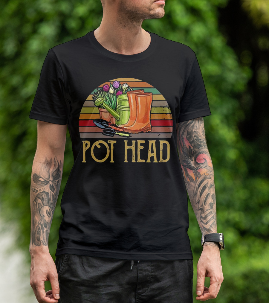 Pot Head Gardening Boots Watering Can Flowers Sunset Stripes T-Shirt