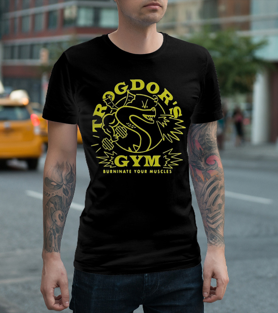 Trogdor's Gym Burninate Your Muscles Buff Dragon With Dumbbells T-Shirt