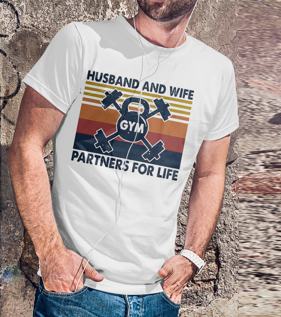 Husband And Wife Gym Partners For Life Kettlebell And Dumbbells Vintage Stripes T-Shirt