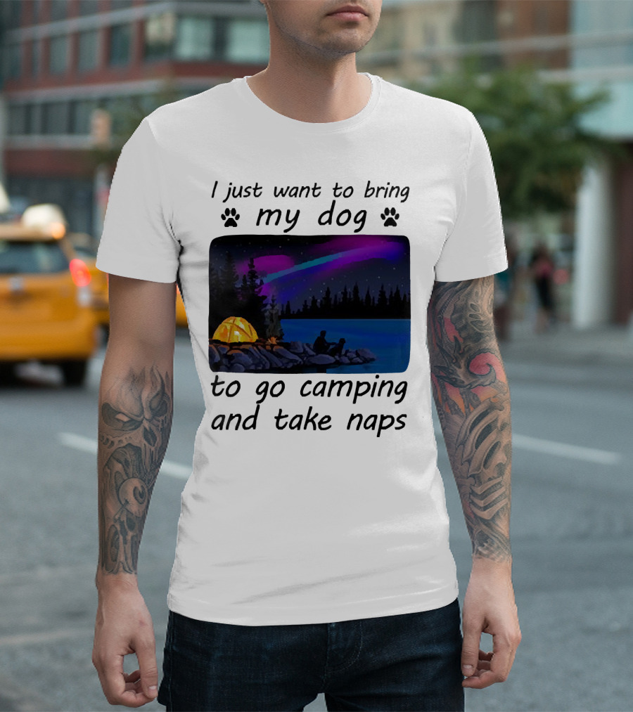 I Just Want To Bring My Dog To Go Camping And Take Naps With Aurora Borealis And Tent By Lake T-Shirt