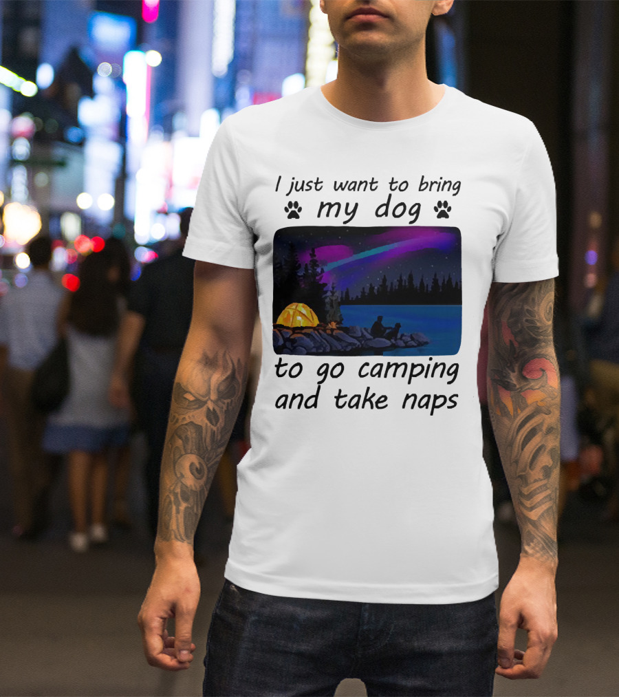 I Just Want To Bring My Dog To Go Camping And Take Naps With Aurora Borealis And Tent By Lake T-Shirt