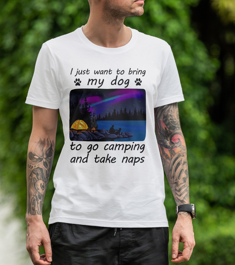 I Just Want To Bring My Dog To Go Camping And Take Naps With Aurora Borealis And Tent By Lake T-Shirt