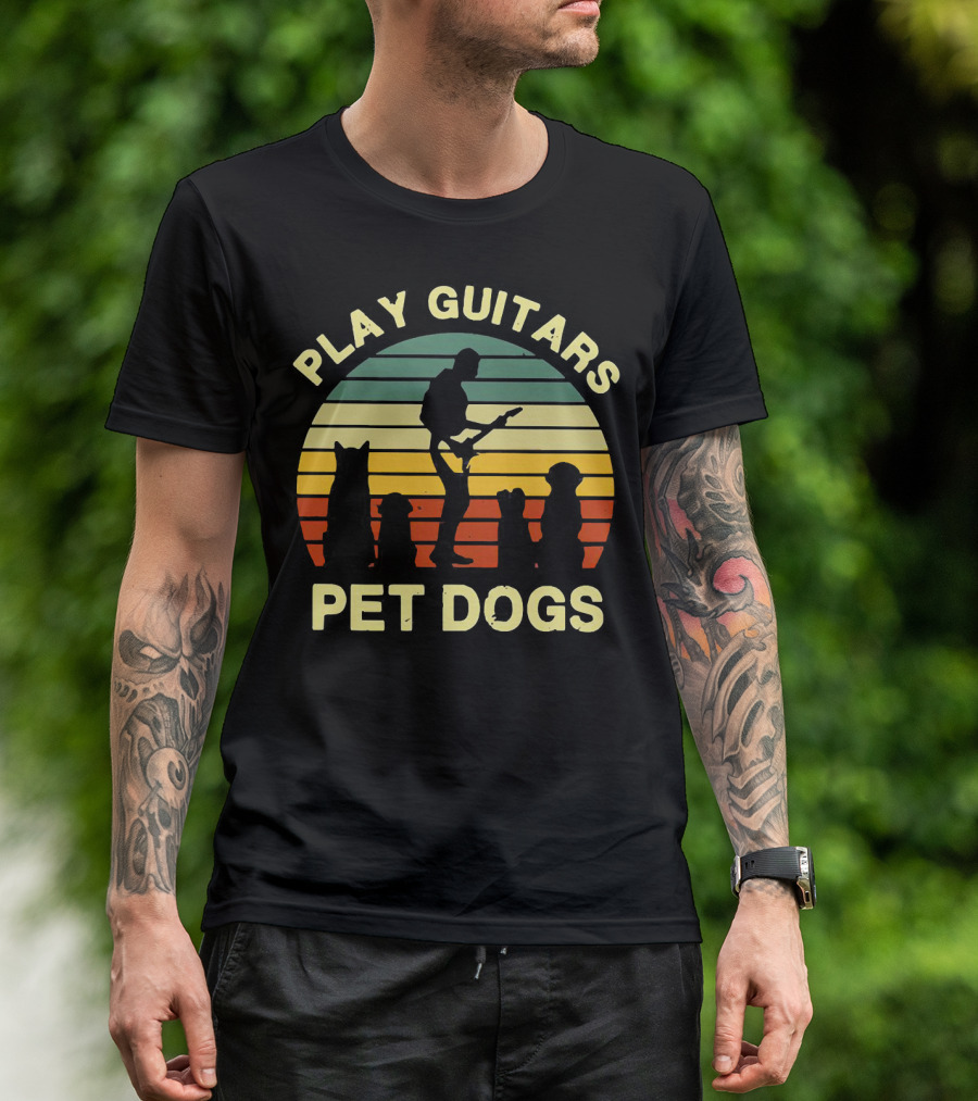 Play Guitars Pet Dogs Sunset Silhouette With Musician And Dogs T-Shirt
