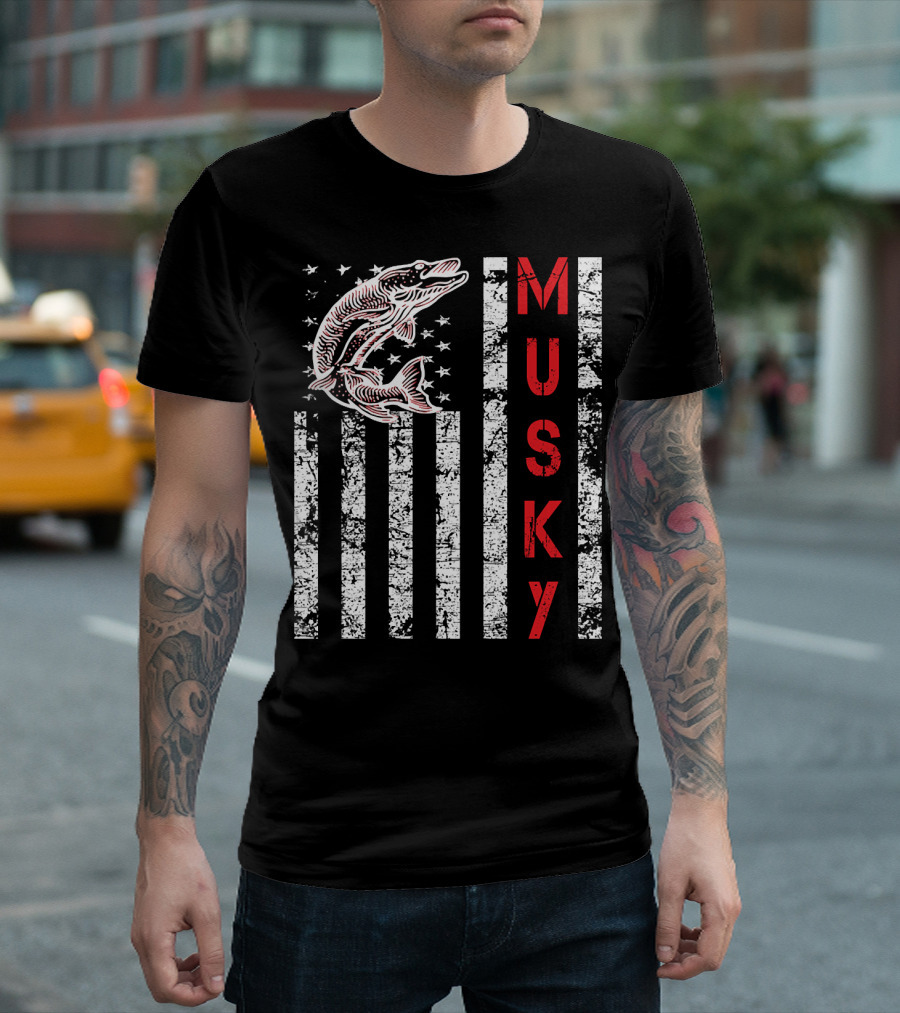 Musky Fishing Distressed Flag with Musky Catch and Stars T-Shirt