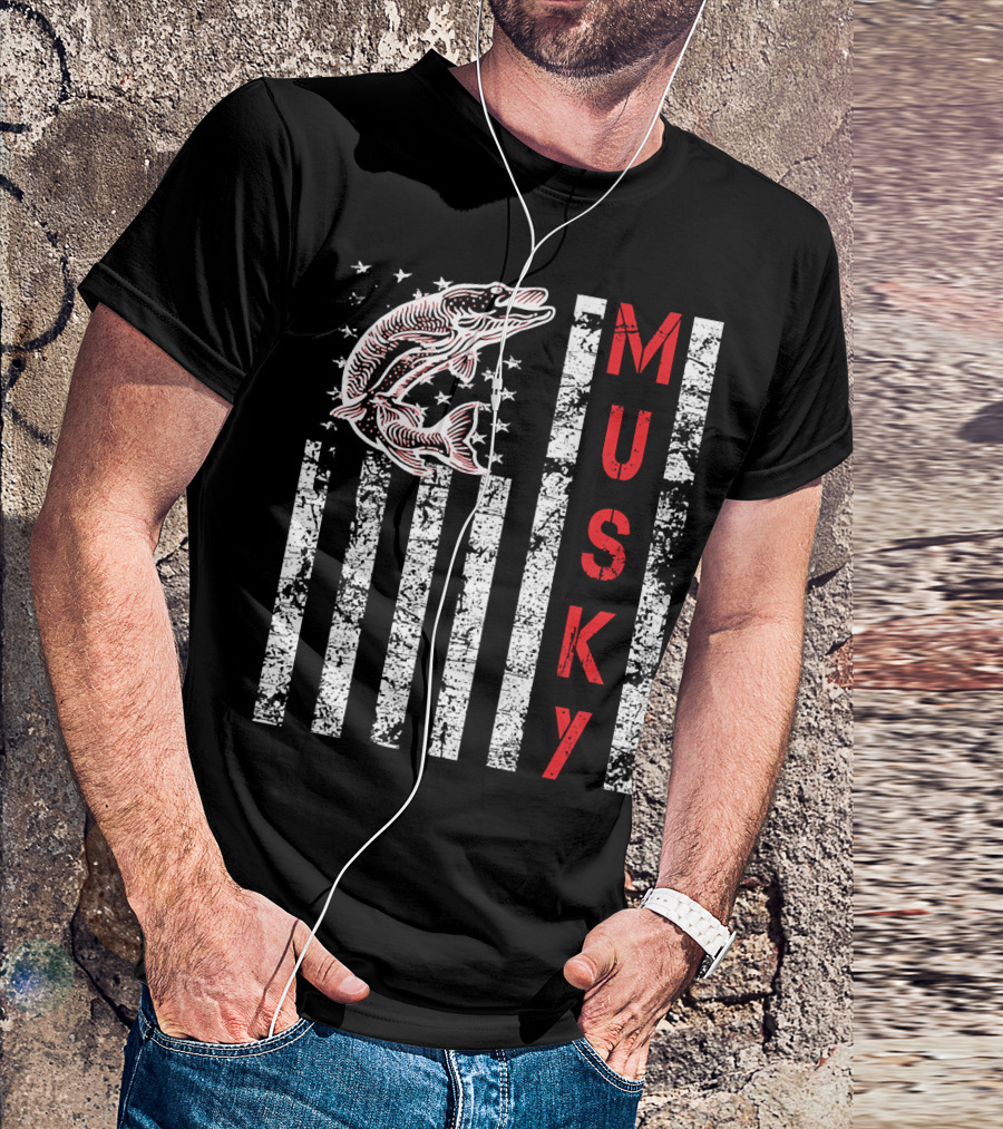 Musky Fishing Distressed Flag With Musky Catch And Stars T-Shirt