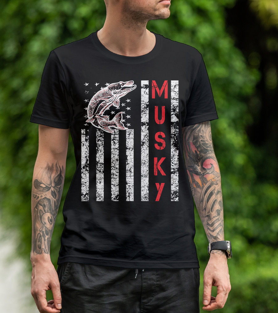 Musky Fishing Distressed Flag With Musky Catch And Stars T-Shirt