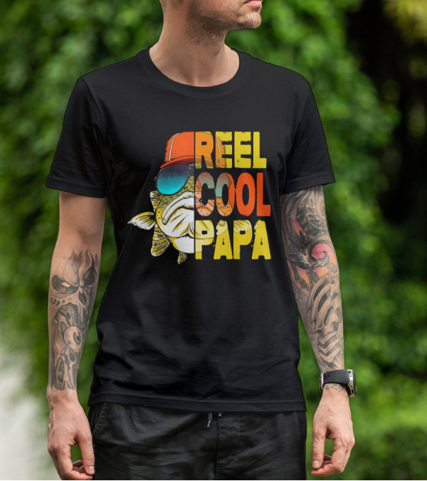 Fathers Day Fishing Reel Cool Papa Fish Wearing Hat Sunglasses T-Shirt