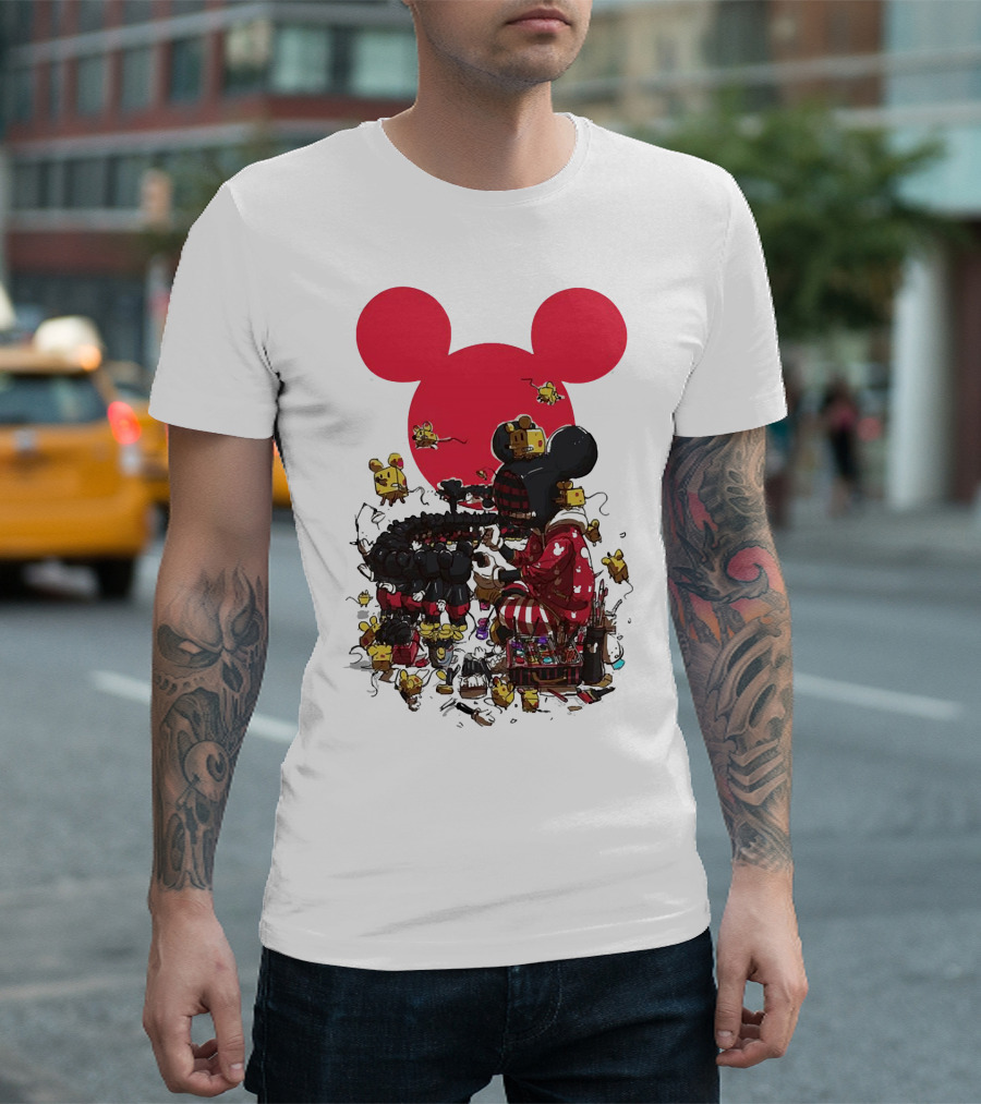 Mickey Mouse Red Circle Artist Scene with Small Characters T-Shirt