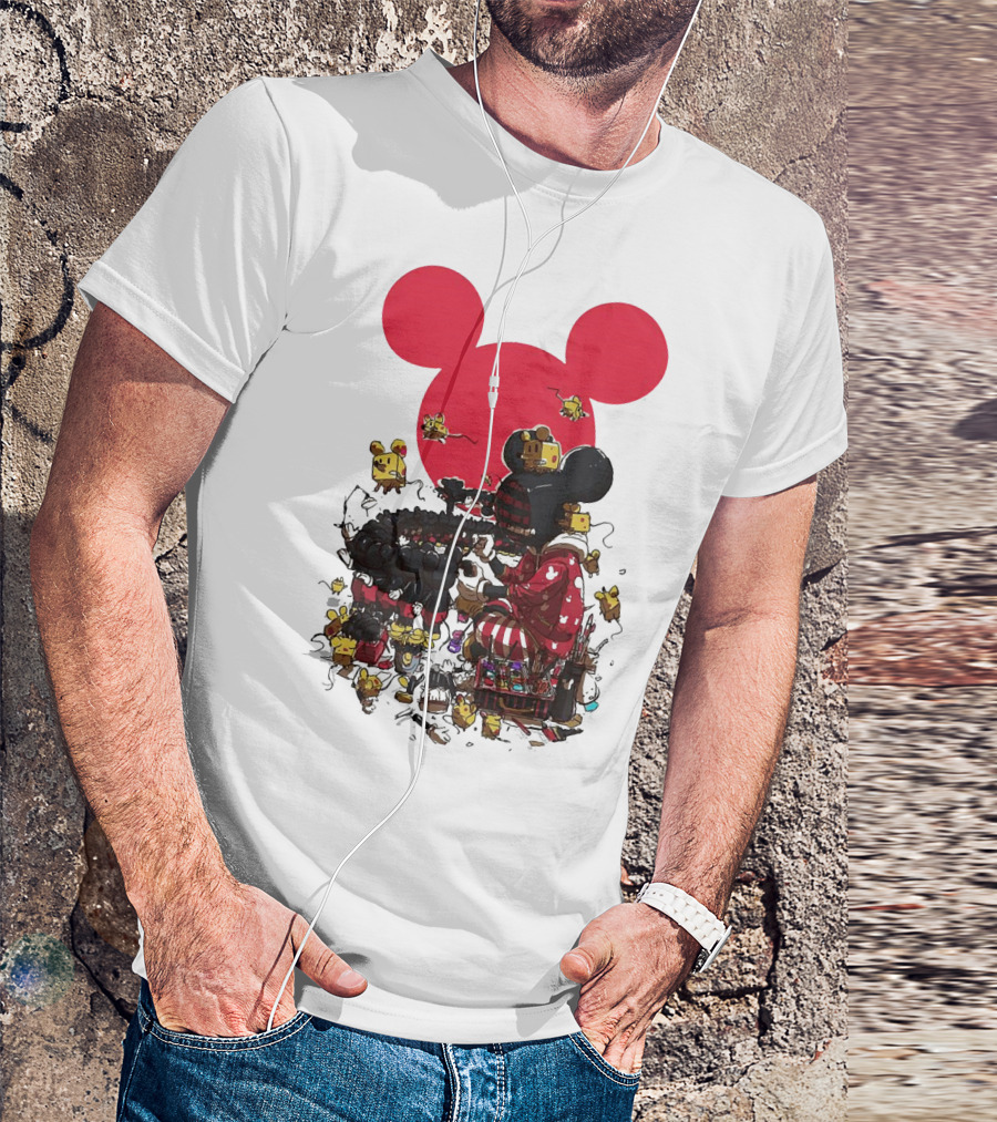 Mickey Mouse Red Circle Artist Scene With Small Characters T-Shirt