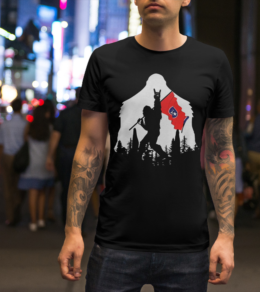 Bigfoot Silhouette With Rock And Roll Pose Holding Tennessee Flag In Forest T-Shirt